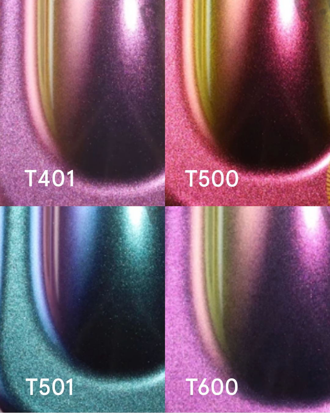 Close-up images of a metallic surface with different color coatings labeled T401, T500, T501, and T600, showing textured and reflective finishes.