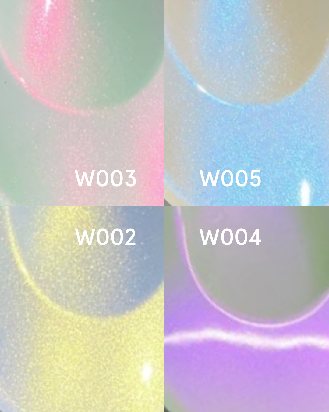 Close-up of four pastel-colored bubbles with pearlescent shimmer, labeled W003, W005, W002, and W004, each with distinct colors: pink and green, blue, yellow, and purple.