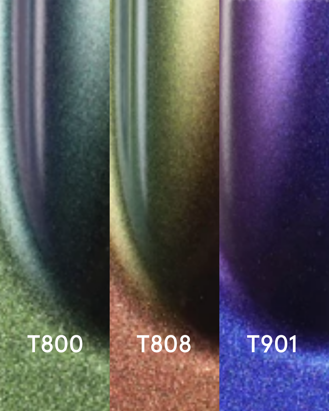 Close-up of colorful metallic finishes labeled T800, T808, and T901, showcasing their hues and textures.