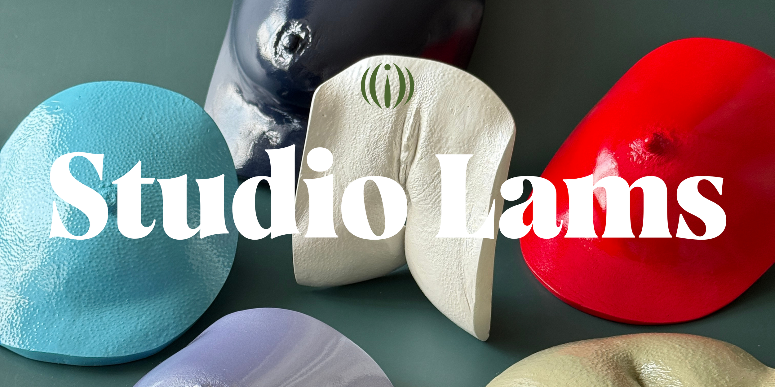 Colorful abstract art pieces in various shapes and textures with the text 'Studio Lam' overlaid.