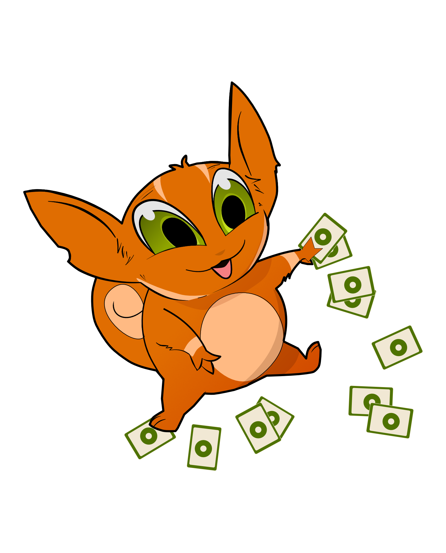 Cartoon orange cat with green eyes holding a handful of dollar bills, surrounded by more dollar bills on the ground, on a beige background.