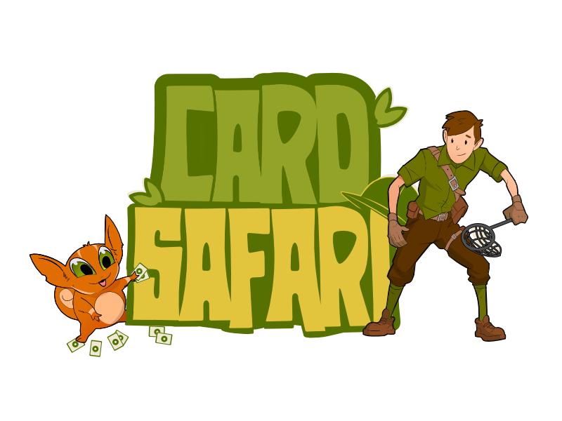 Cartoon illustration of a card safari game with a kitty holding money and a young explorer with a net.