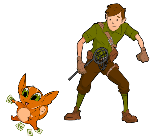 A cartoon scene with a young male explorer in a green shirt, brown pants, and gloves holding a net, and an animated orange kitten holding dollar bills, standing on a green surface.
