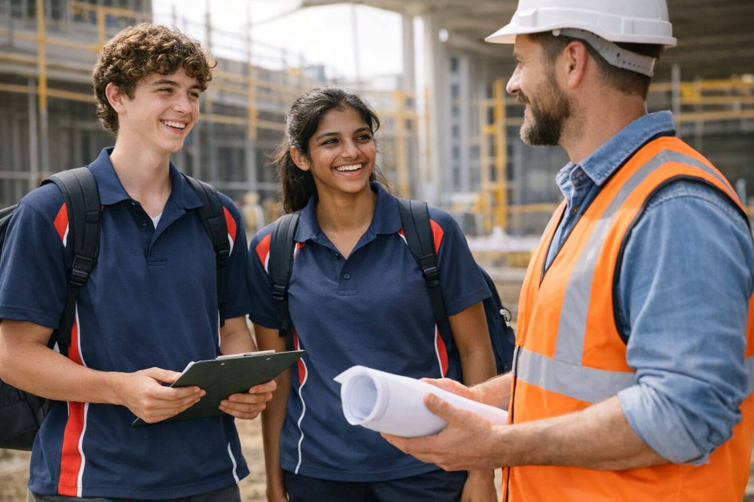 Construction worker and two students in school uniforms talking at construction site.