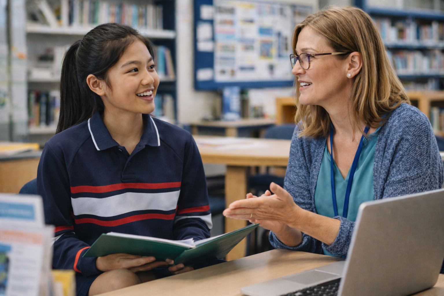 A young girl and a woman sitting at a table having an engaging conversation in a library, with bookshelves in the background.