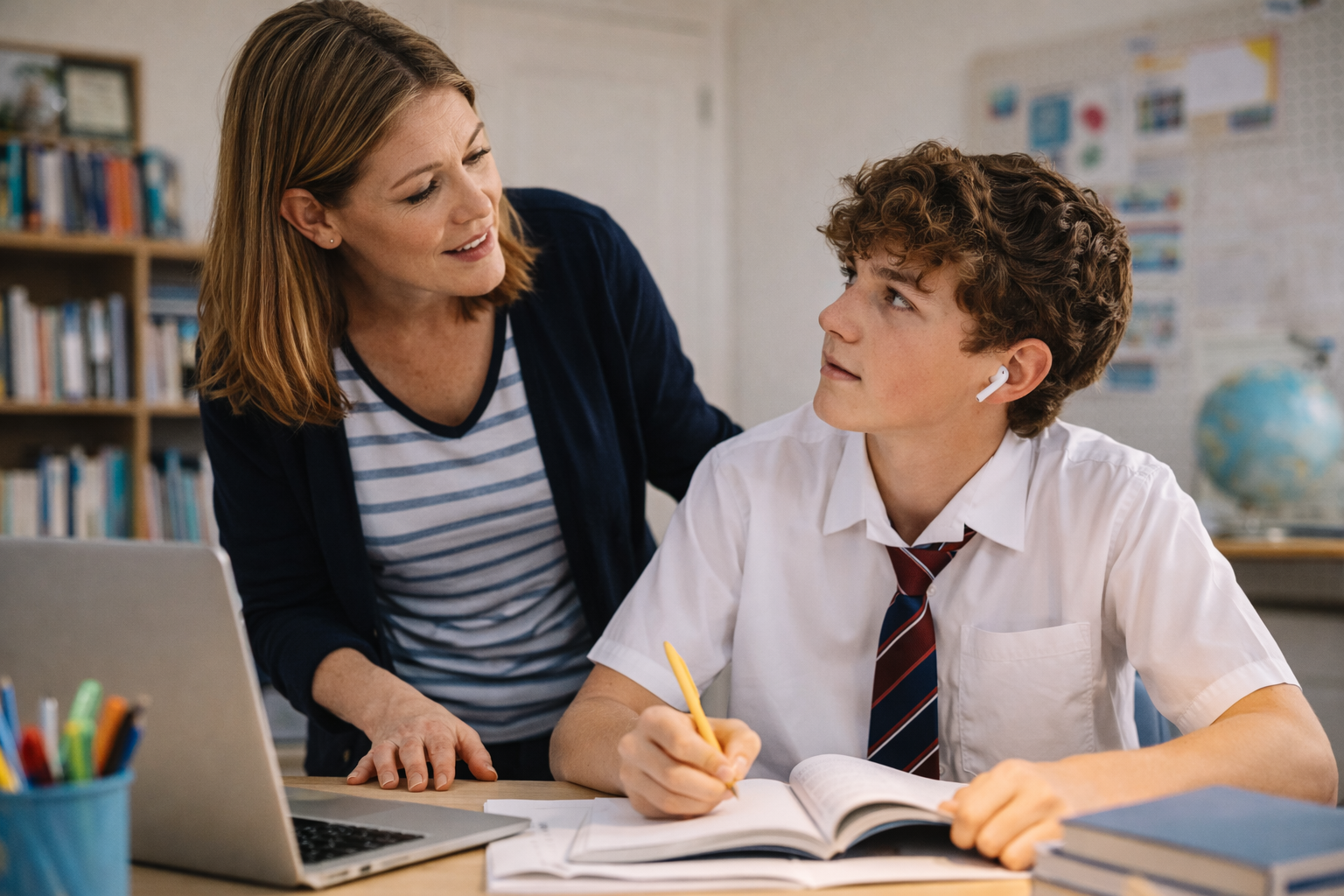 A teacher talking to a student in a classroom. The student is writing in a notebook, wearing a white shirt and a tie. The teacher is leaning over and appears to be explaining something. There are bookshelves in the background and a globe on a desk.