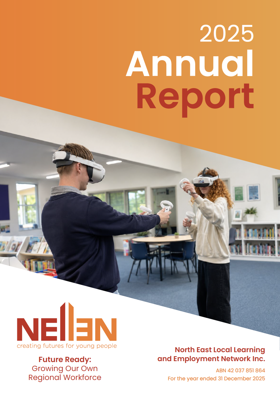 Cover of a 2025 annual report showing two young people using virtual reality headsets in a library or classroom setting, with bookshelves and tables in the background. The report is titled '2025 Annual Report' with the NELEN logo and the tagline 'creating futures for young people.'