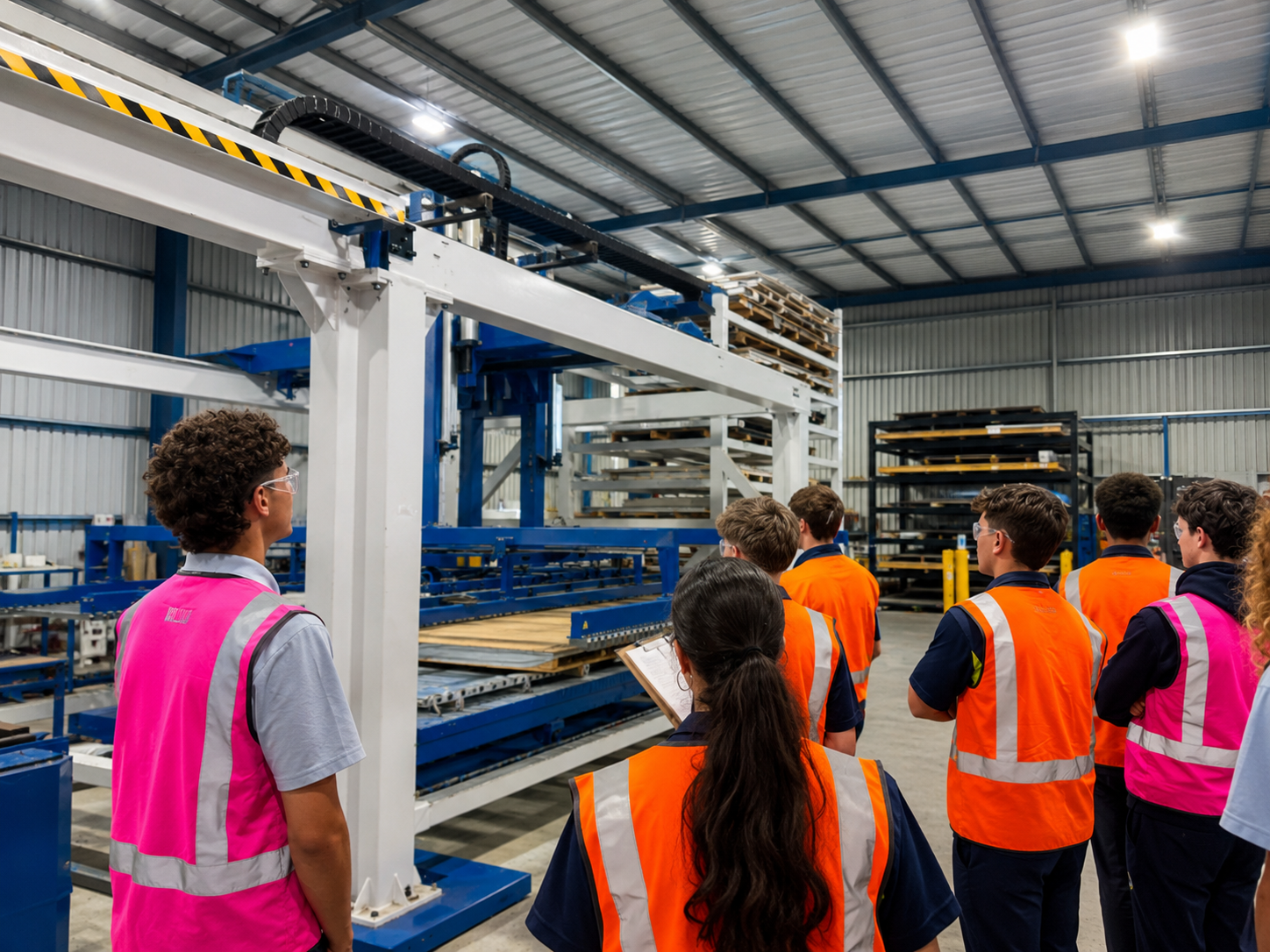 A group of people wearing safety vests and glasses inside an industrial warehouse, observing machinery or equipment during a tour or training session.
