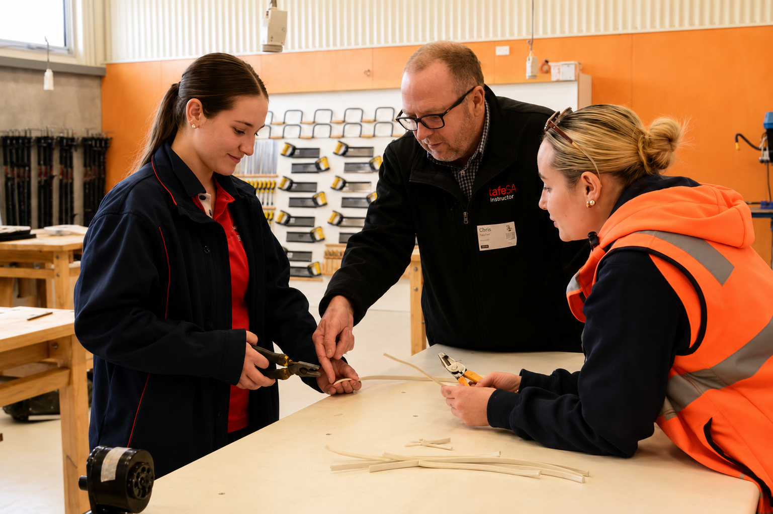 An instructor teaching two young women how to handle electrical wires in a workshop. One woman is holding wire cutters and the other a wire stripper.
