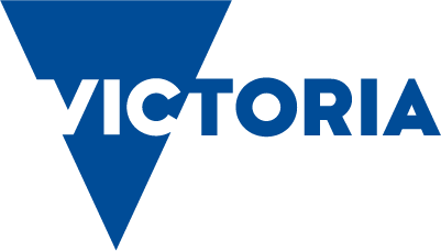 The logo features the word 'VICTORIA' in bold, blue capital letters with a stylized blue triangle pointing downward behind the text.