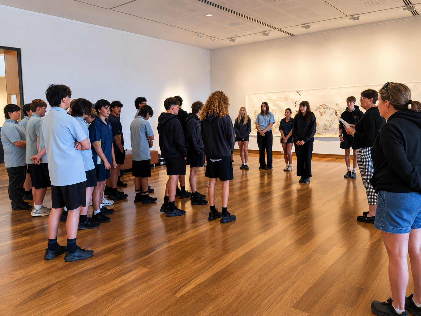 Group of students standing in a semi-circle around two adult women, in an art gallery with wooden floors and white walls, some artwork hanging in the background.