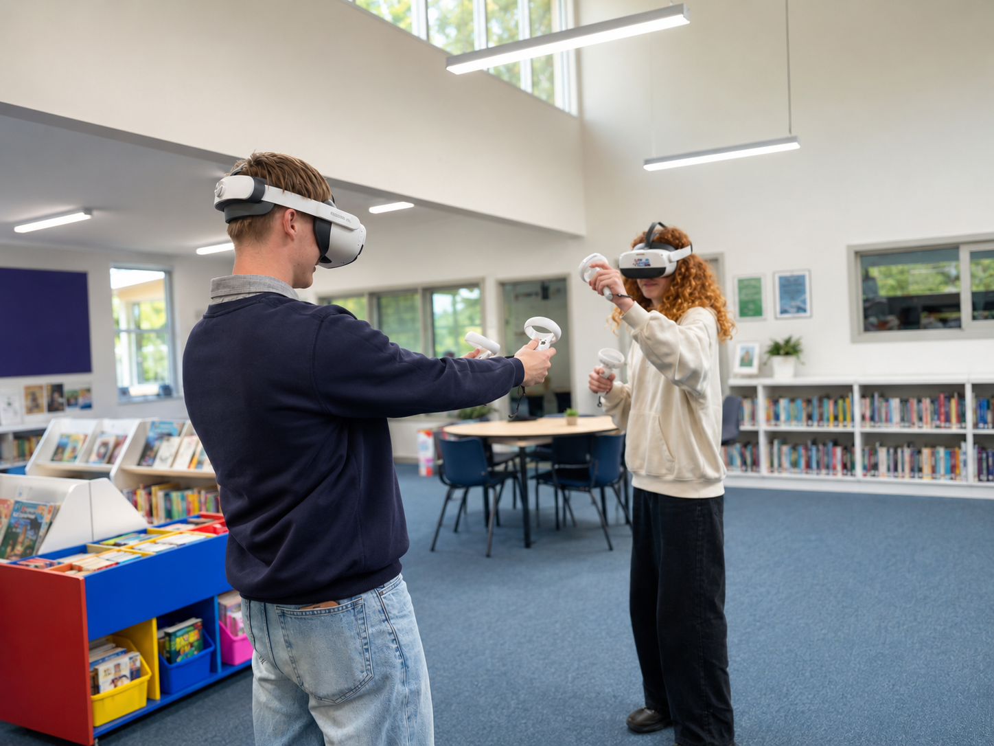 Two people wearing virtual reality headsets and holding controllers interact in a library or classroom setting.