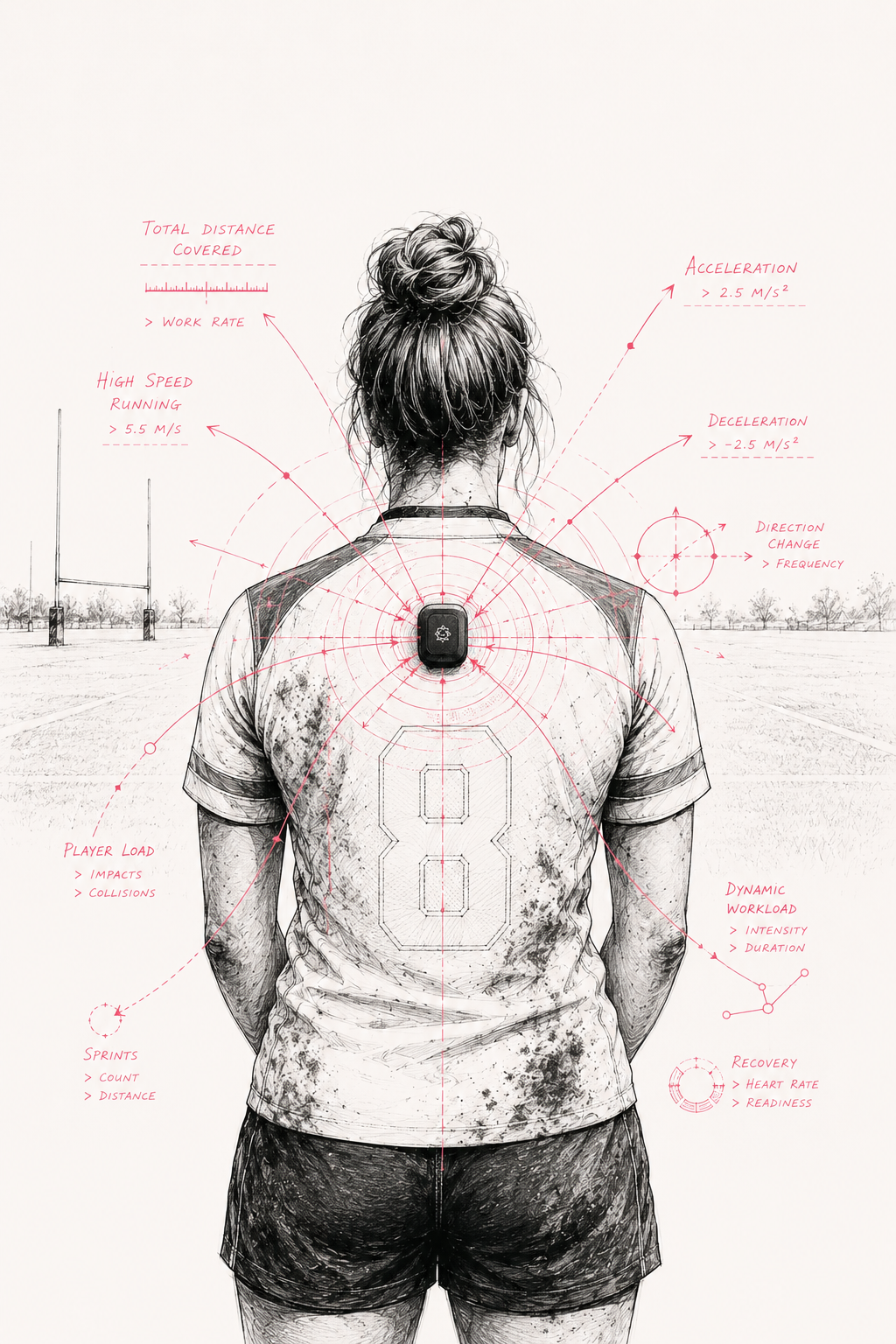 Black and white illustration of a female athlete from behind, with red annotations showing data points related to sports performance, over a sports field with goalposts and trees in the background.