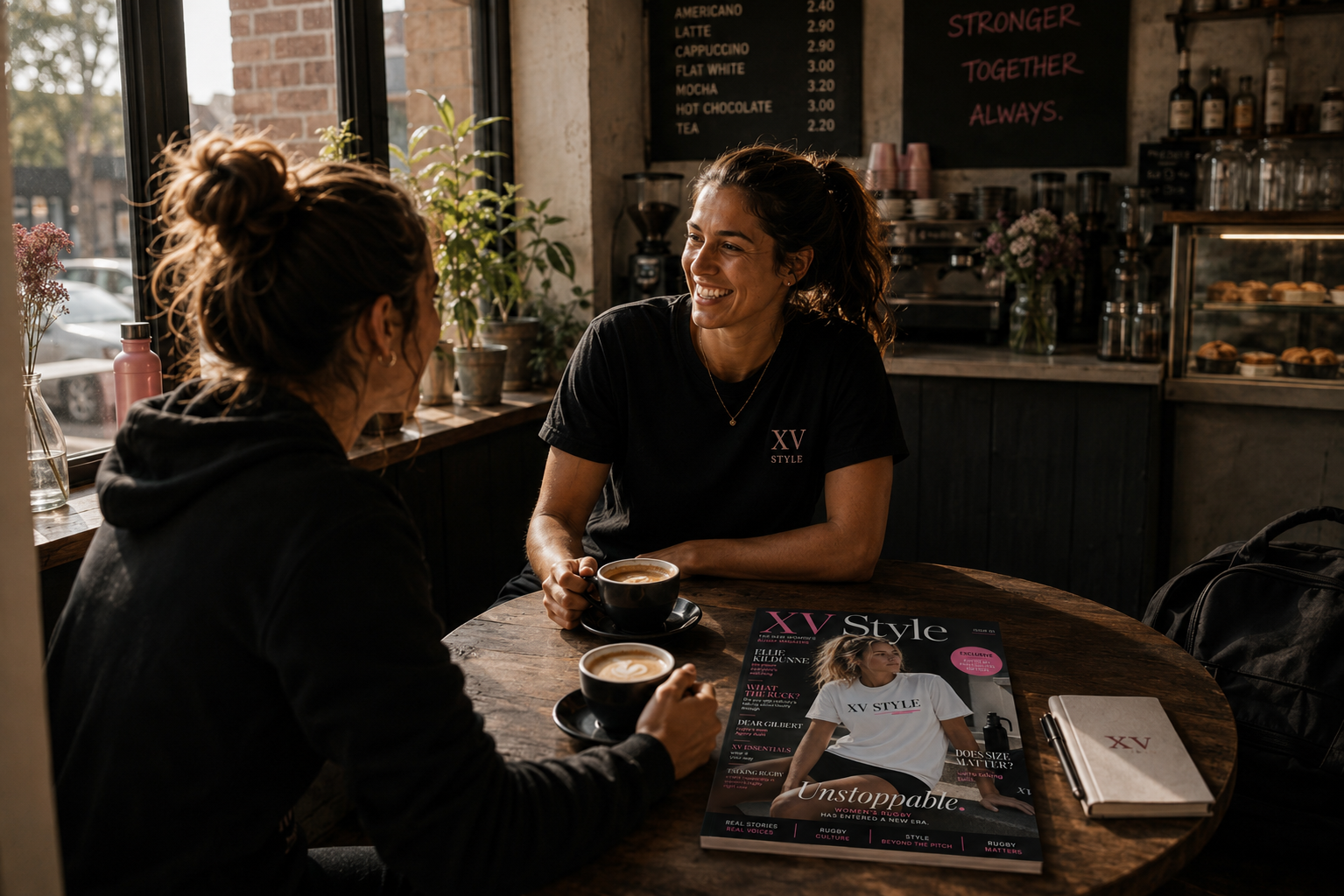 Two women sharing coffee with a copy of XV Style magazine — the independent women's rugby magazine
