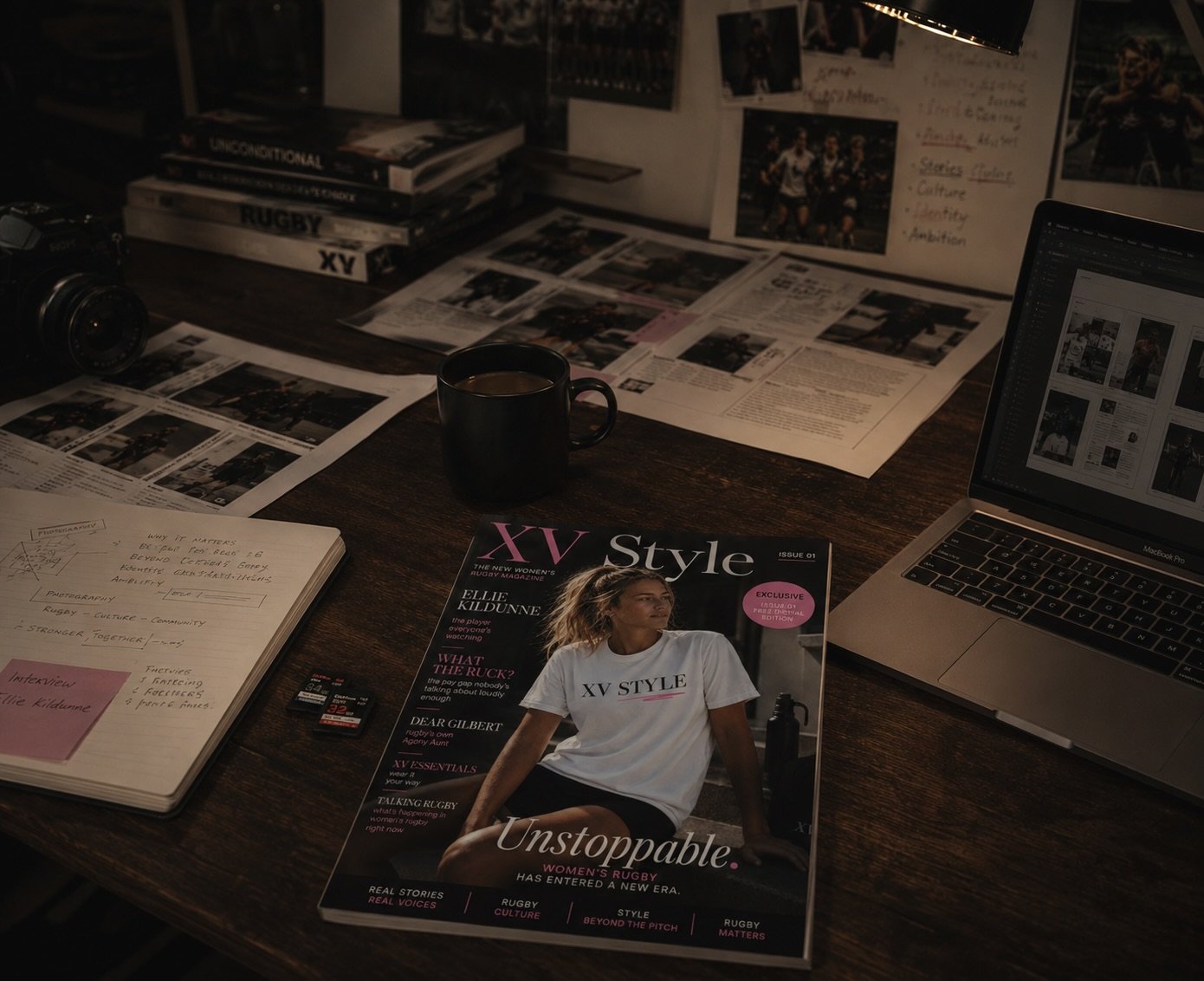 A cluttered desk with newspapers, a magazine titled 'XV Style' featuring a woman in a sports outfit, a coffee mug, a closed laptop displaying a photo gallery, a camera, a notebook with handwritten notes, and scattered papers, with posters and notes on the wall above.
