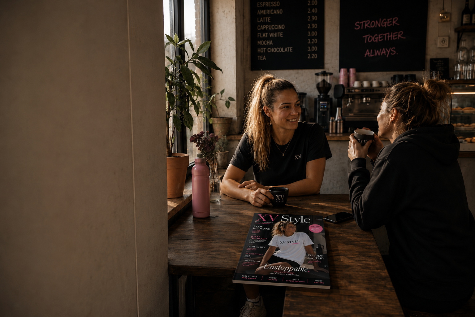 XV Style Issue 01 on a café table — women's rugby culture magazine