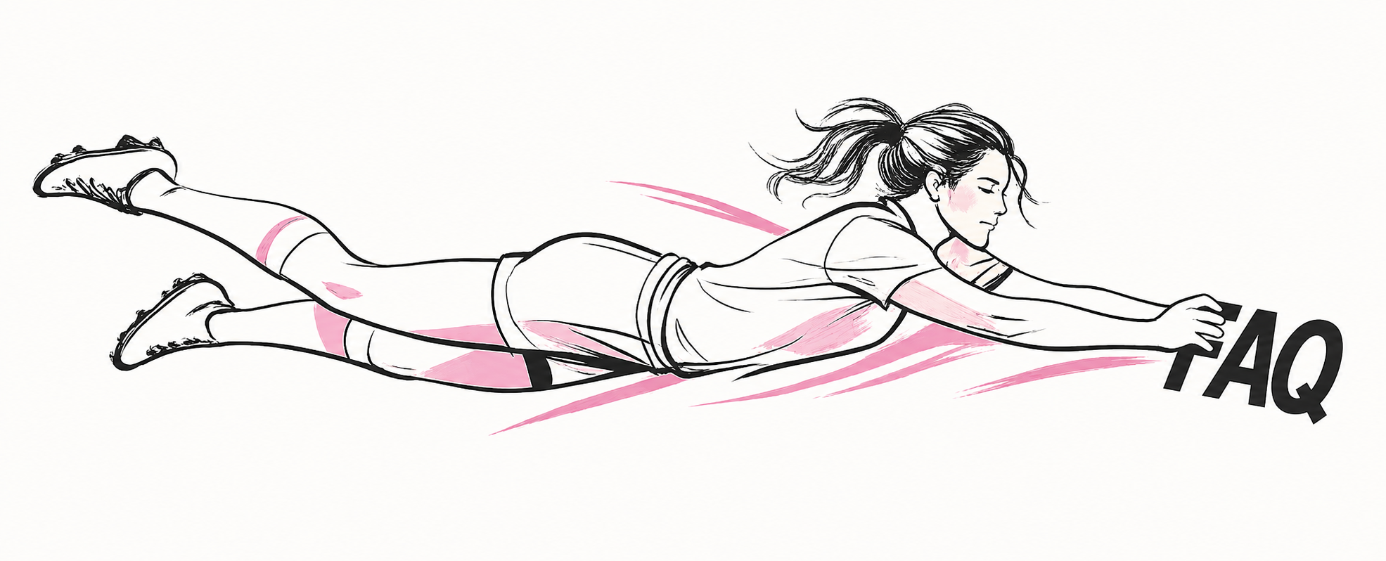Illustration of a girl lying face down, stretching forward with her arms extended, holding the word 'FAQ' on the ground.