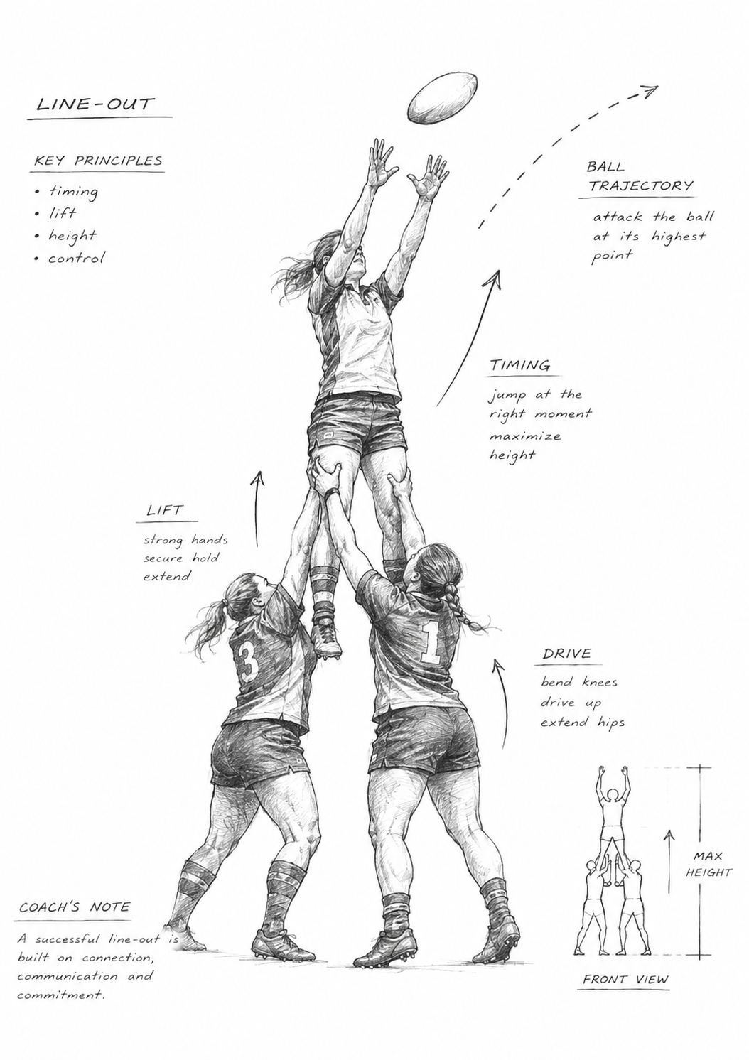 Pencil illustration of a women's rugby line-out showing the roles of hooker, jumper and lifters with tactical annotations.