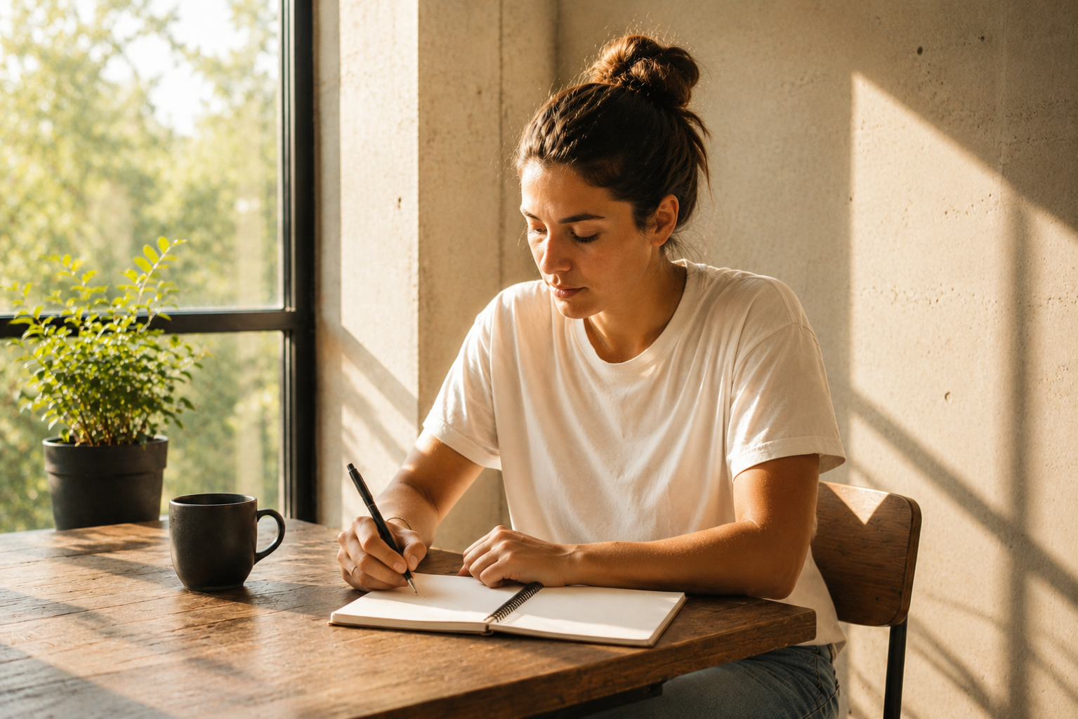 Woman writing in a notebook by a window — get in touch with XV Style magazine