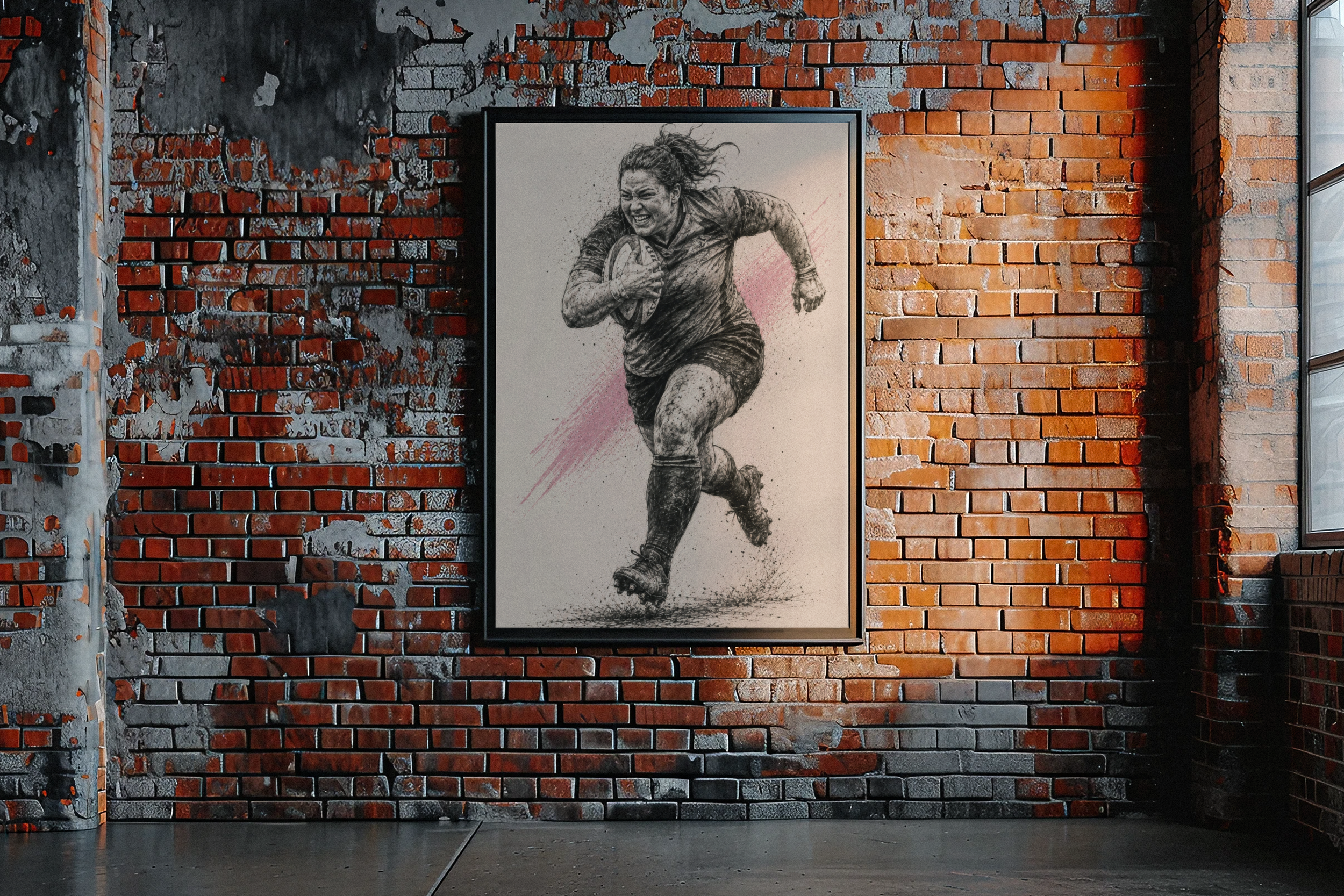 Artwork of a female rugby player running with a ball on a brick wall background in a gallery.