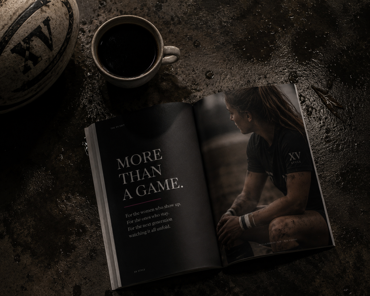 An open magazine resting on a wet, muddy surface, showing a two-page spread with a woman in athletic attire sitting and looking downward. Next to the magazine is a cup of black coffee, and a large, weathered New Balance sneaker is partially visible in the corner.