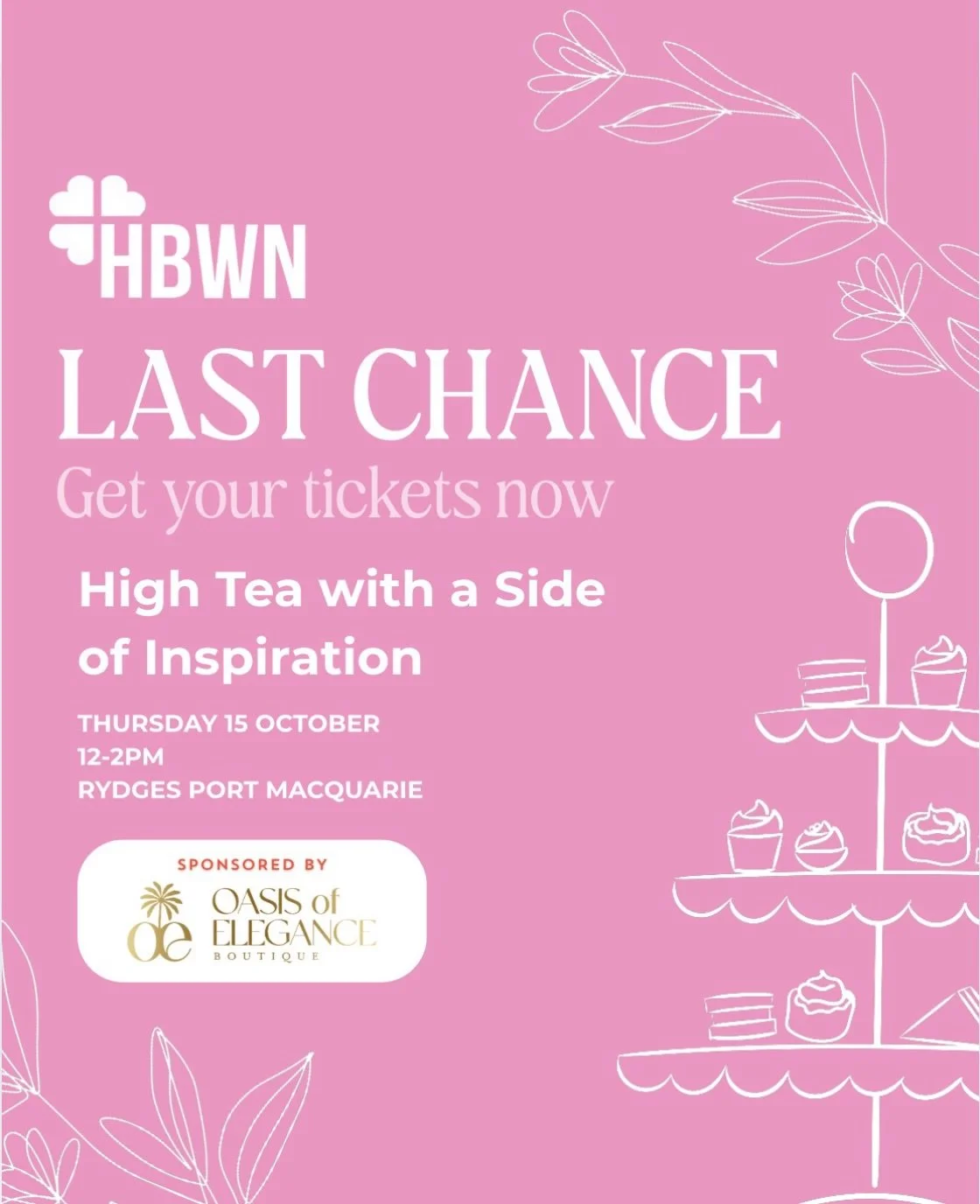 📣LAST CHANCE FOR TICKETS 📣

Our High Tea with a Side of Inspiration is coming up THIS THURSDAY at @rydgesportmacquarie for a wonderful afternoon chatting and connecting with fellow businesswomen and hearing from our guest speaker Charmain Woods 

P