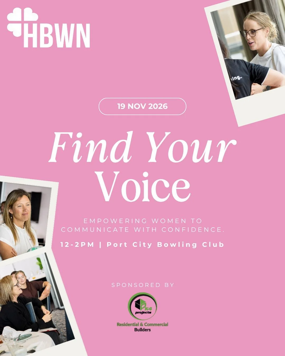 Find Your Voice: Speaking with Confidence On and Off Camera to Grow Your Business
Thursday 19th November | 12:00pm - 2pm | Port City Bowling Club

Join us for our upcoming professional development event presented by Stacey Morgan, where we'll tackle 