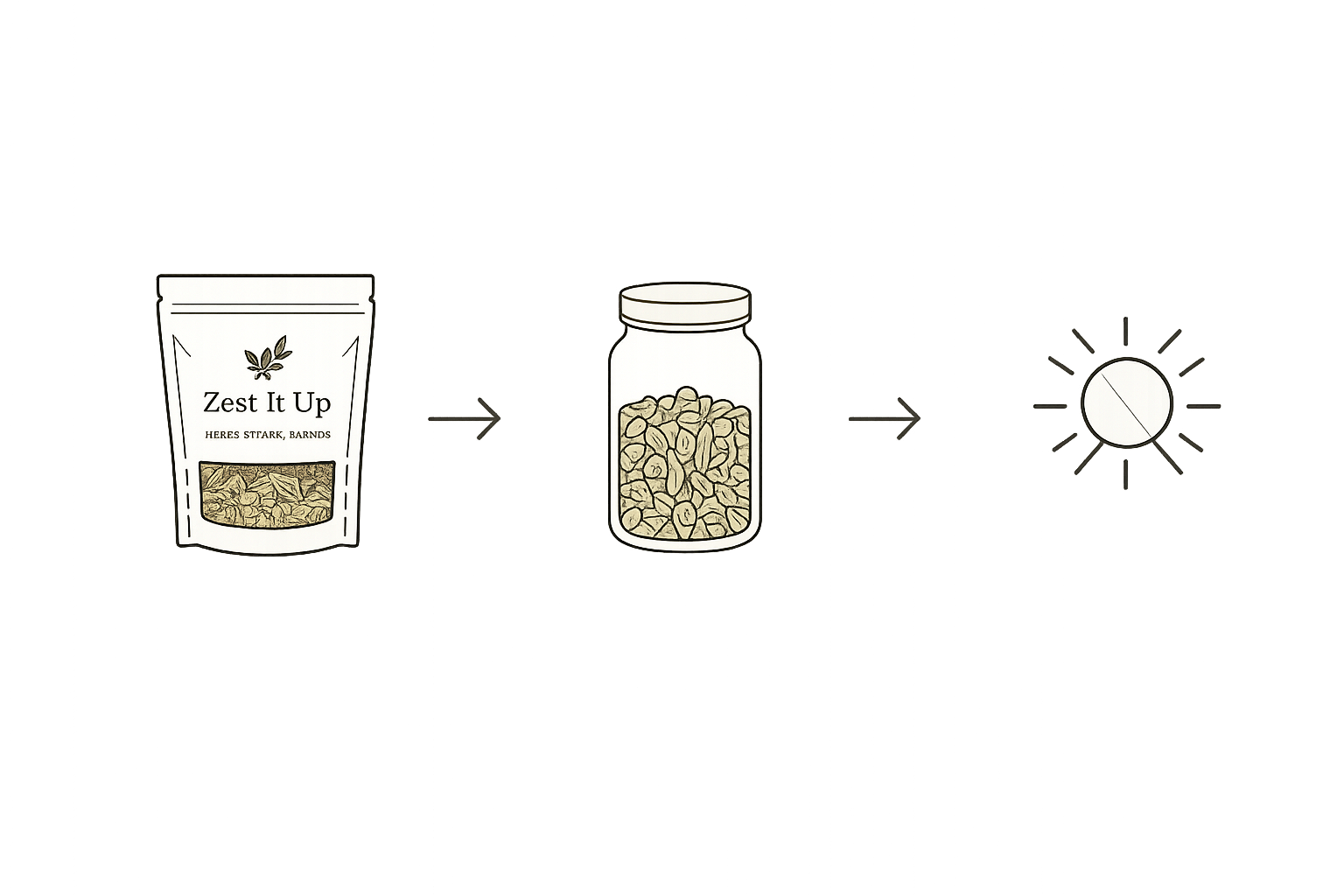 Diagram showing the process of transforming herbal tea leaves into a tincture, with three stages: a package labeled "Zest It Up HERBS STOCK, BARNS," a jar filled with herbal tea leaves, and a mixing symbol.