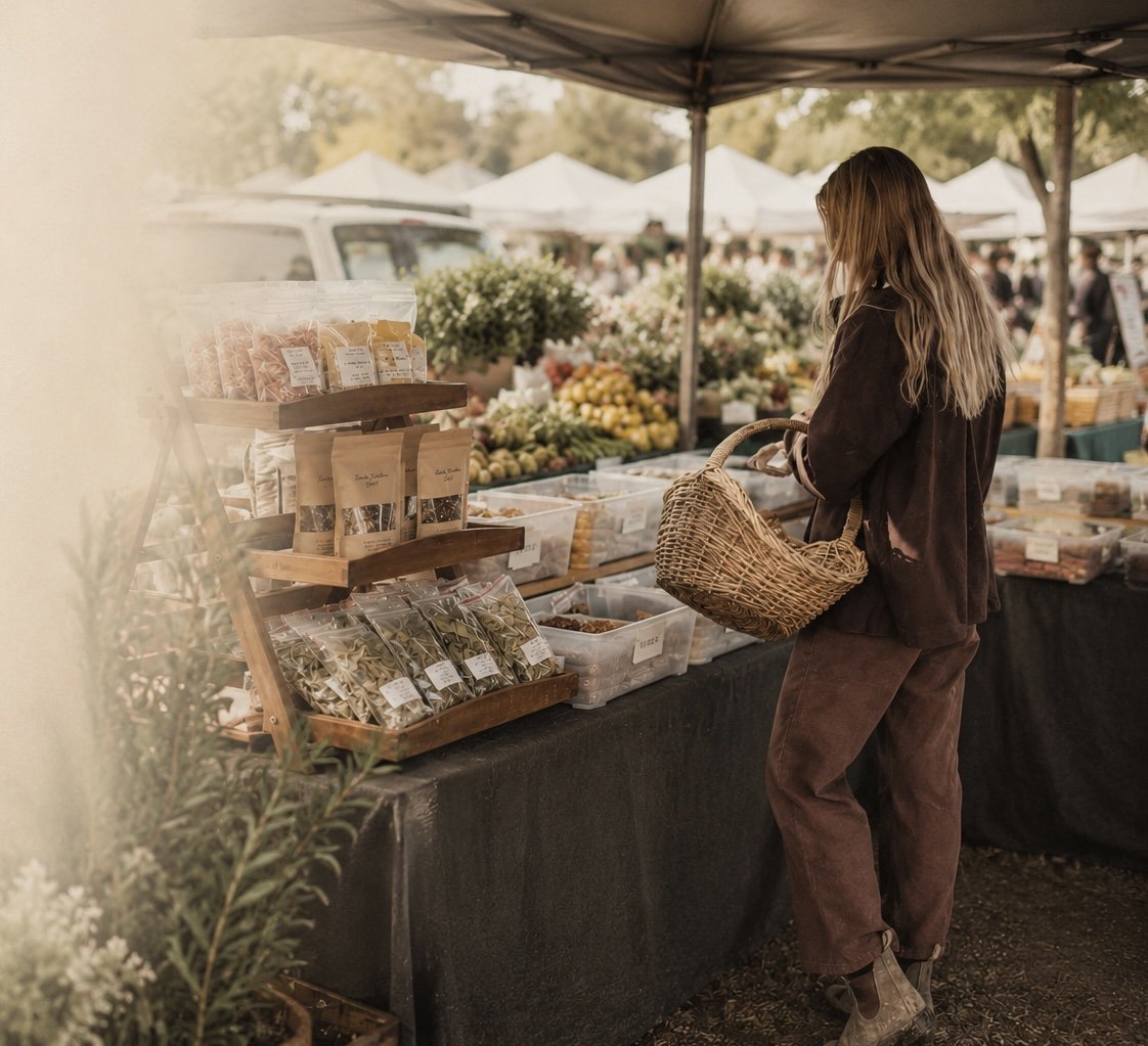 A woman shopping at an outdoor farmers market, examining packaged herbs or spices on a stall with various fruits and vegetables visible in the background.
