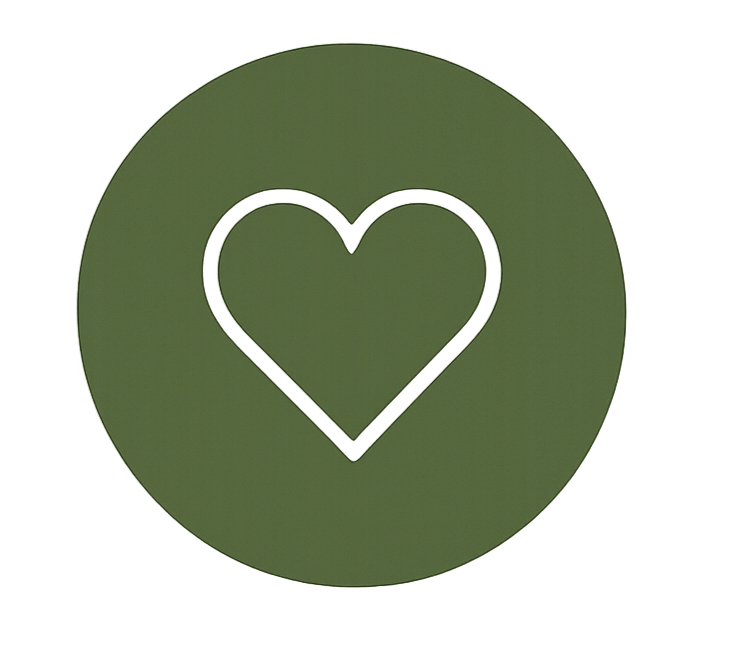 Green circular button with a black outline of a heart in the center.