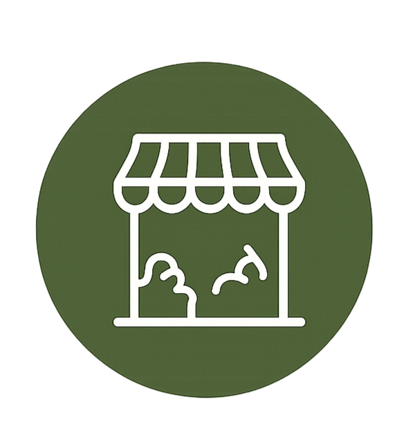 White outline of a storefront with a striped awning on a green circular background.