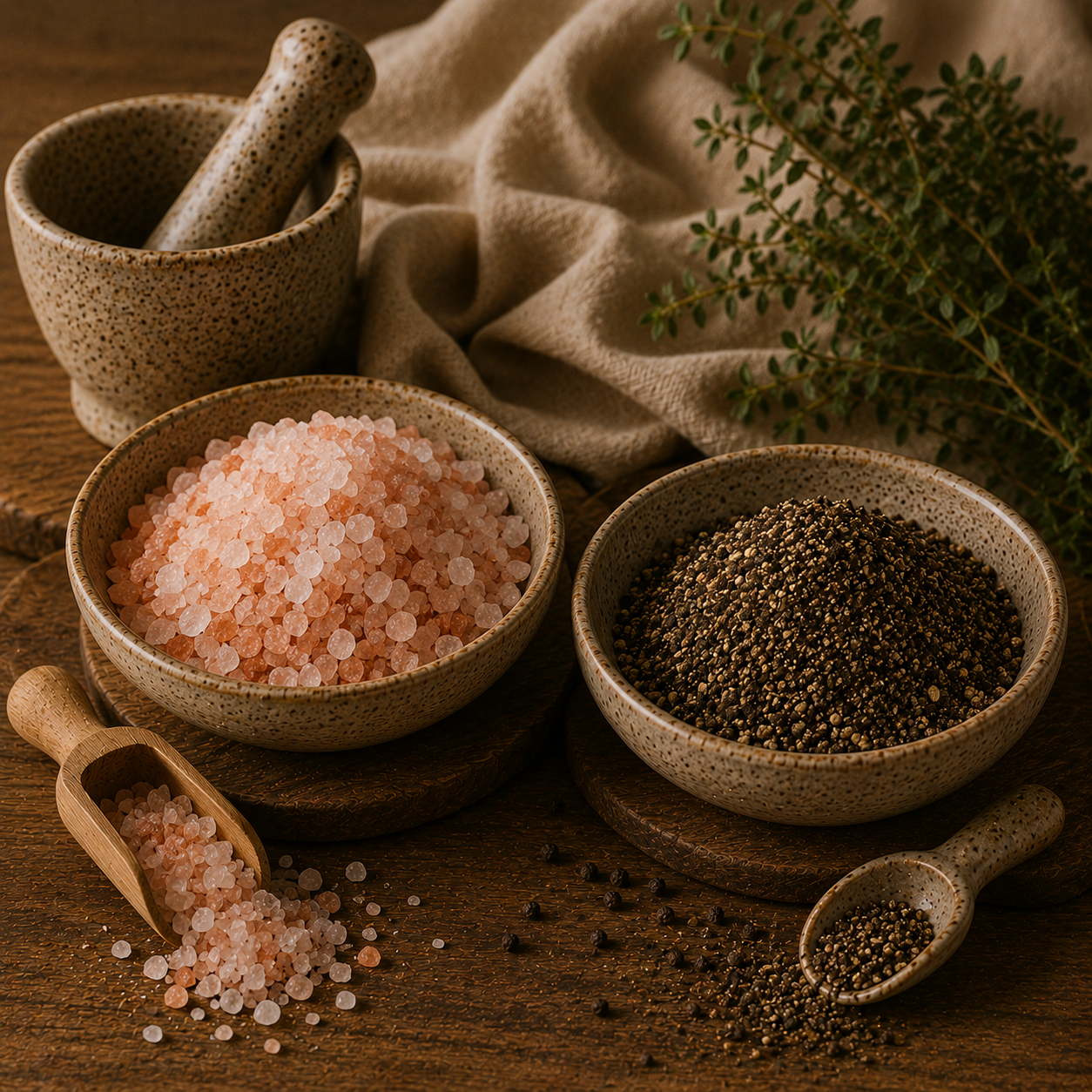 Bowls of pink Himalayan salt and black peppercorns on a wooden surface with a mortar and pestle and a sprig of greenery.