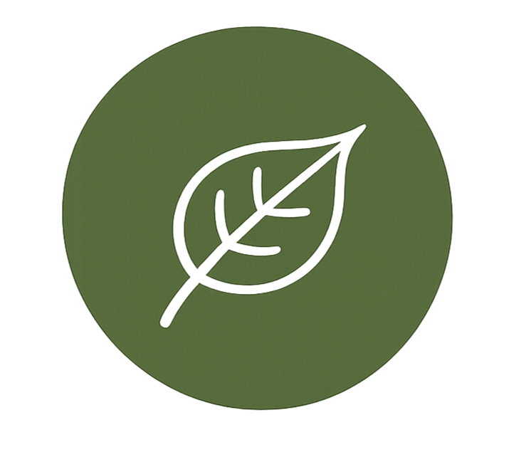 A black outline of a leaf inside a larger black circle on a green background.