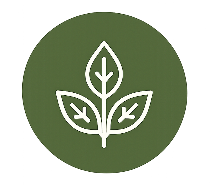 White outline of a plant with three leaves on a green circular background.