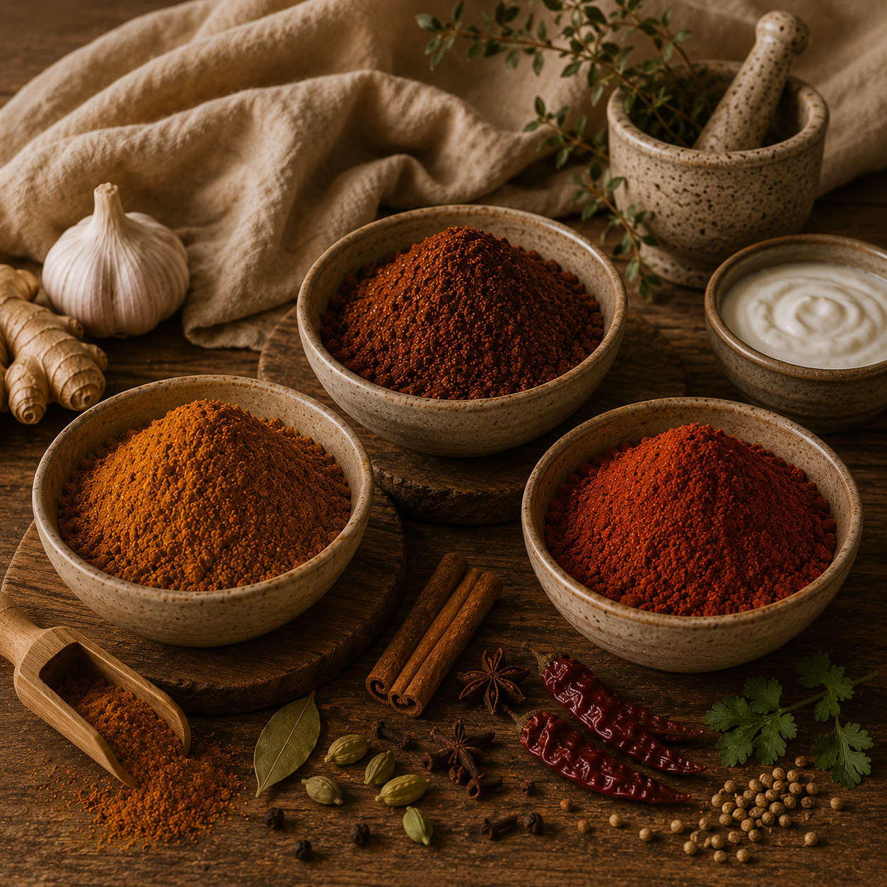 Various spices in ceramic bowls on a wooden surface, including turmeric, paprika, chili powder, sour cream, garlic, ginger, and herbs, with cinnamon sticks and dried chili peppers.