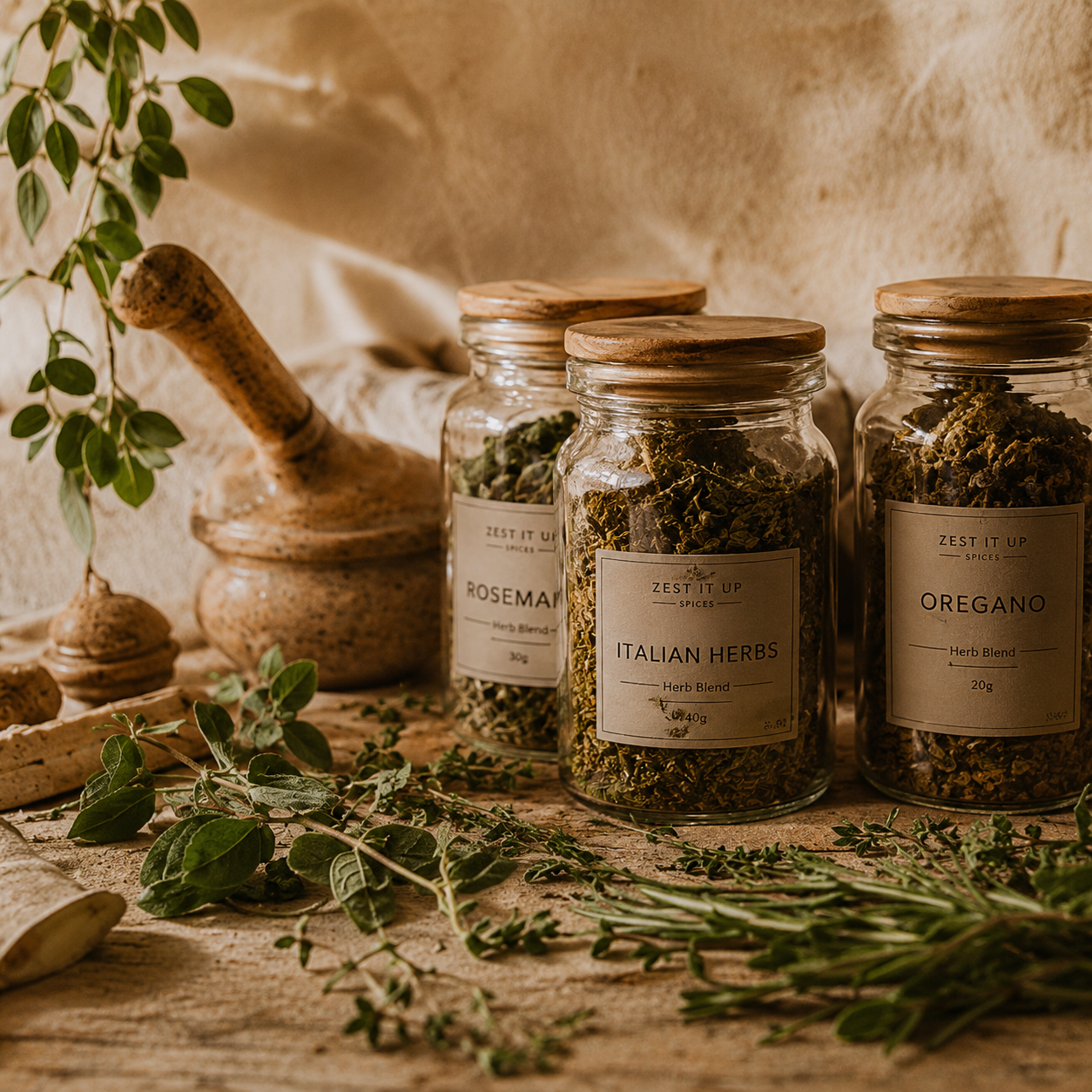 Three glass jars labeled 'Italian Herbs,' 'Rosemary,' and 'Oregano' are on a rustic wooden surface with fresh herbs and an olive wood mortar and pestle nearby, against a warm background.