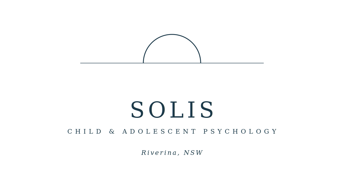 Cover slide titled "SOLIS Child & Adolescent Psychology" with a semi-circle graphic at the top and the location "Riverina, NSW" at the bottom.