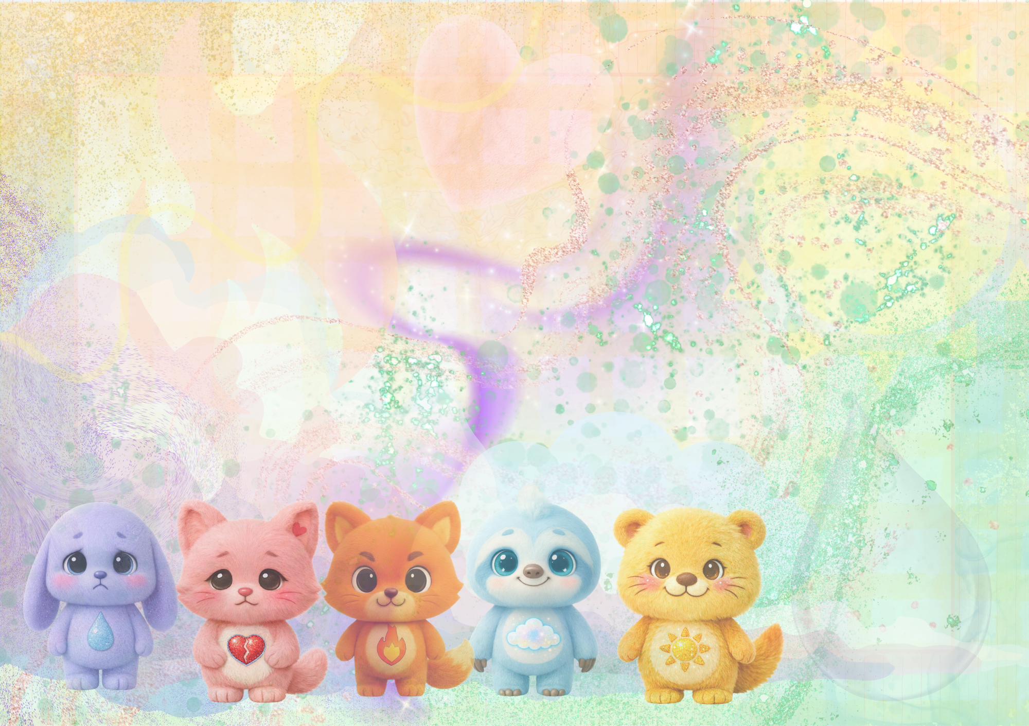 Five colorful plush animal toys with cartoonish features standing in front of an abstract, pastel-colored background with splashes and circles.