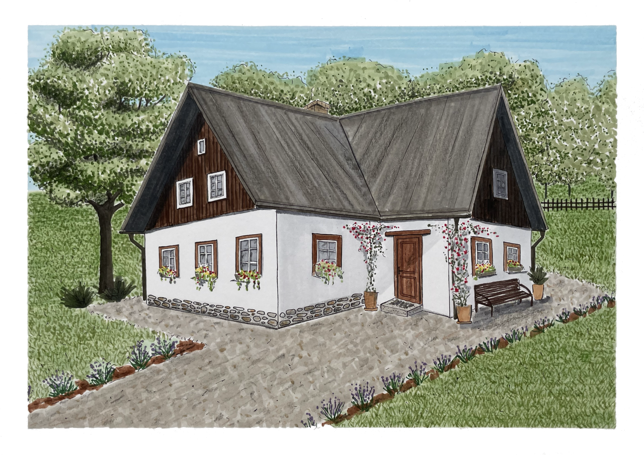 Ilustrace bílé chalupy se šedou střechou obklopené zelení.