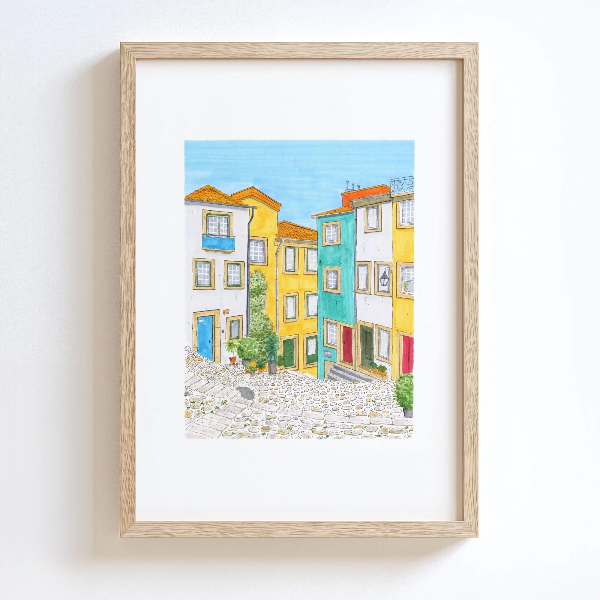 Colorful watercolor painting of a European street scene with vibrant yellow, blue, and green buildings, cobblestone pavement, and potted plants.