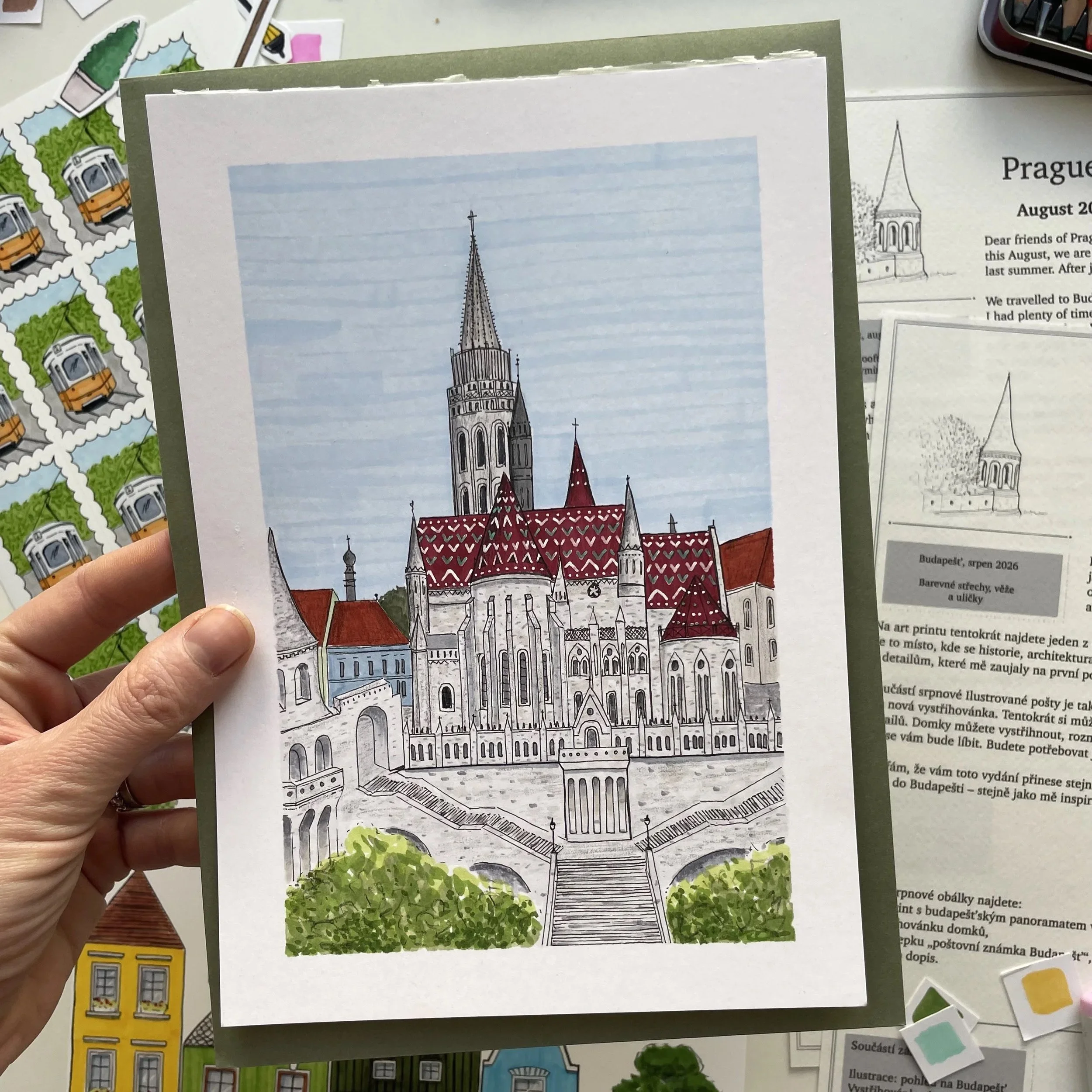 Illustration of a historical European church or cathedral with tall spires and detailed architecture, depicted in a drawing style with color accents.