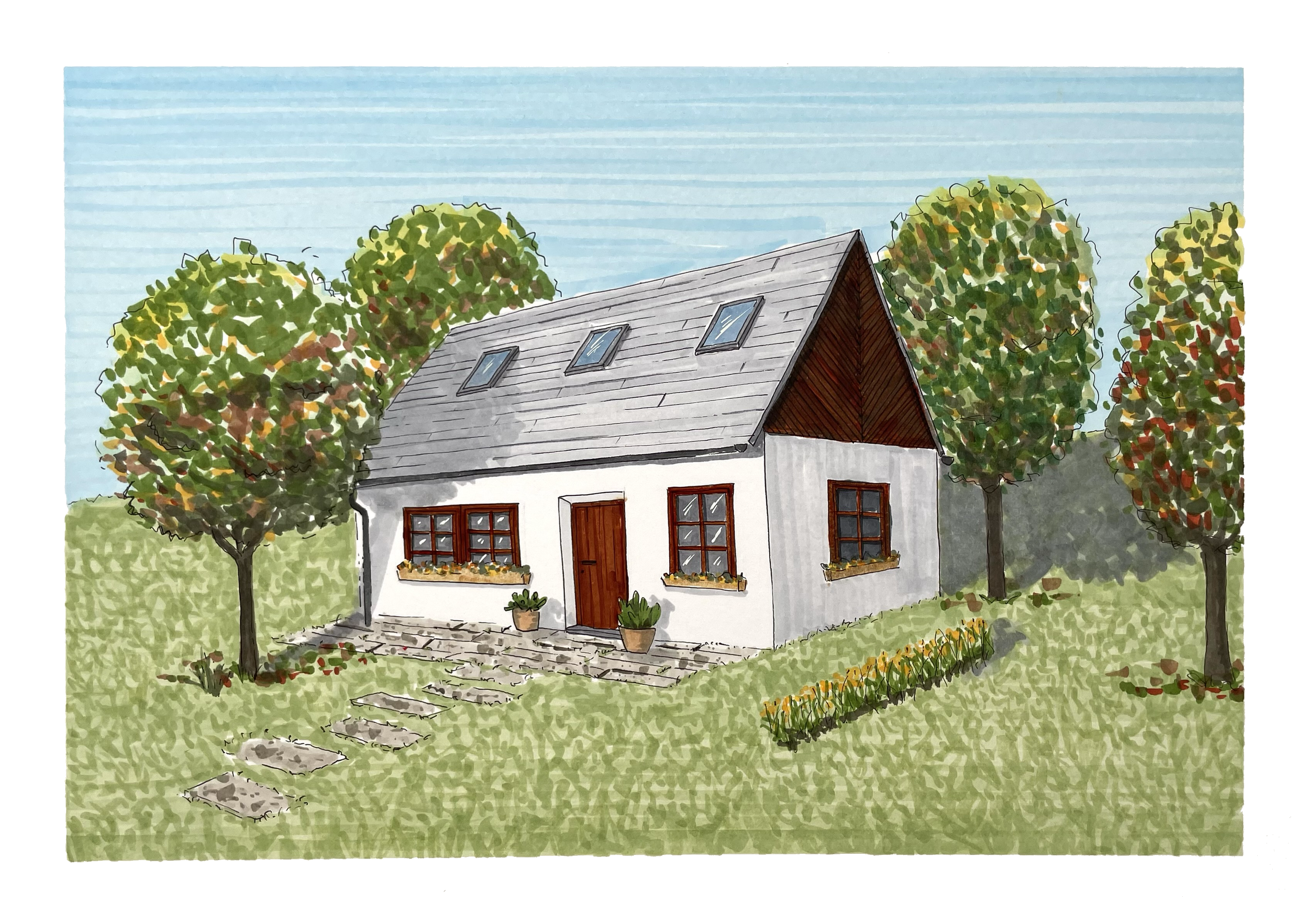 Ilustrace bílé chalupy se šedou střechou obklopené zelení.