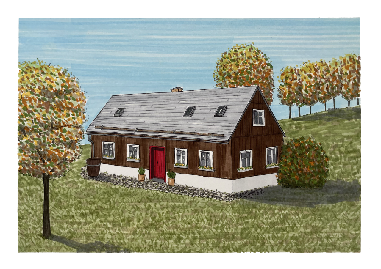 Ilustrace ručně kreslené chalupy na zakázku.