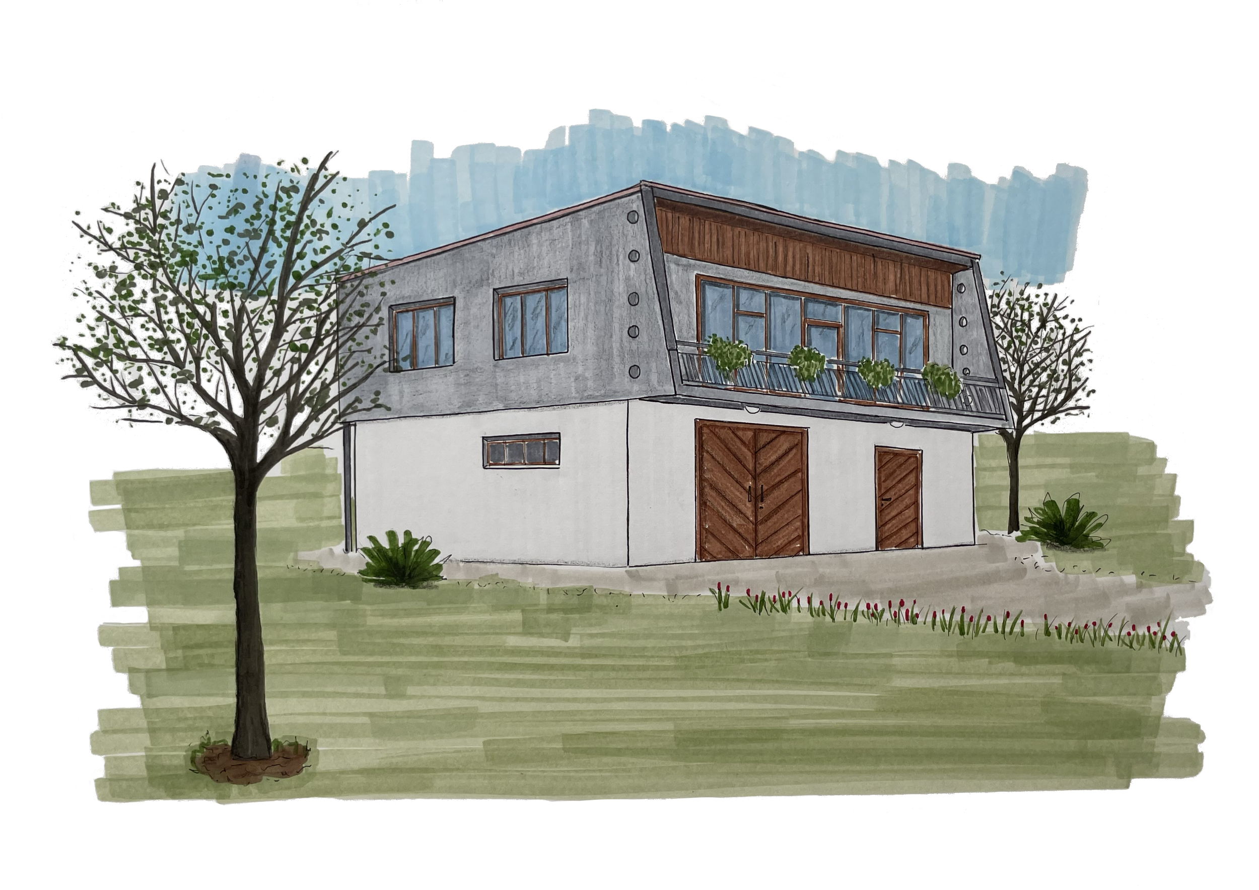 Ilustrace dvoupodlažního domu.