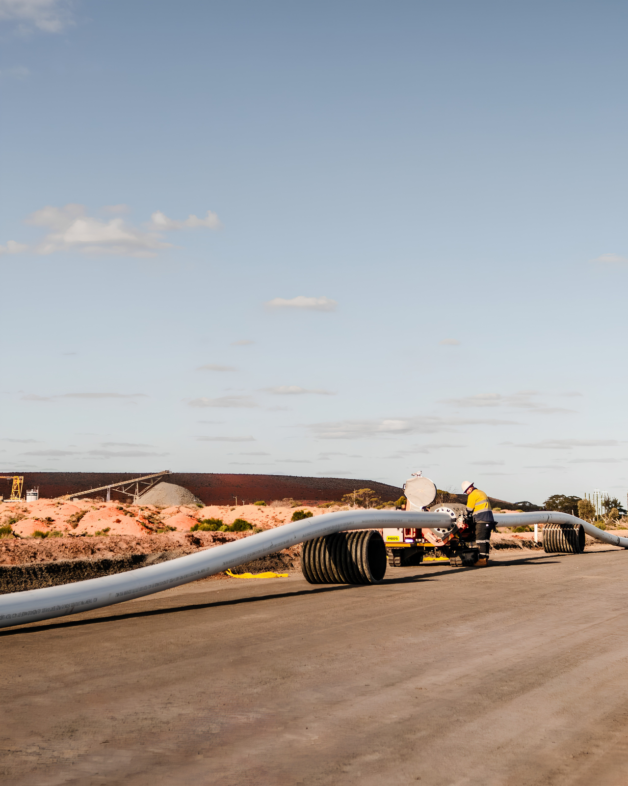 HDPE pipeline butt fusion welding on remote mine site with tracked fusion machine, Goldfields Western Australia
