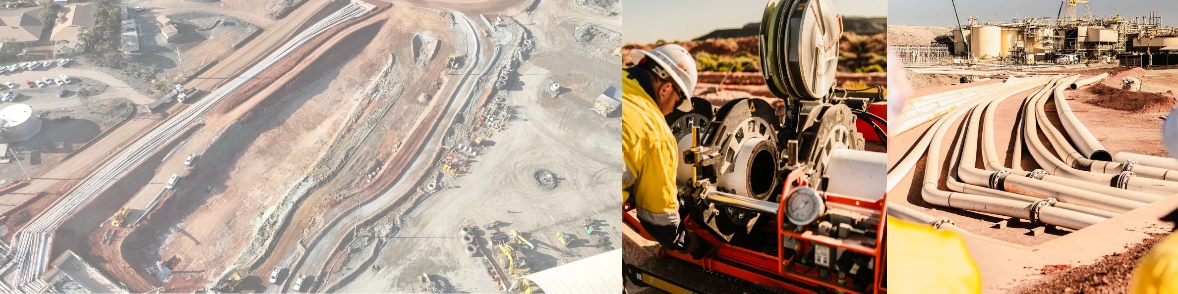 Aerial view of industrial pipeline construction and HDPE pipe welding at a mining and processing facility