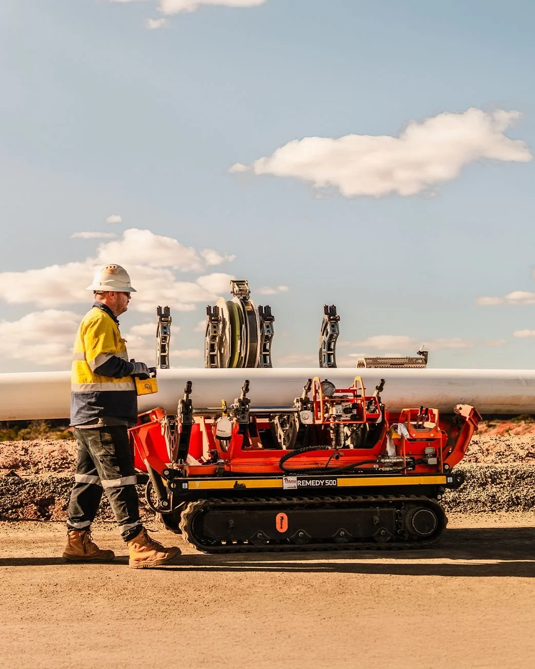 HDPE pipe butt fusion welding on remote mine site using Ritmo Remedy 500 tracked fusion machine, Western Australia