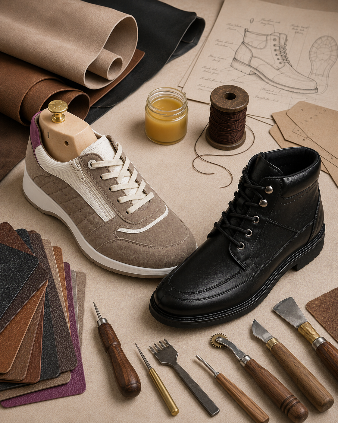 Designing shoes with tools, fabric swatches, and sketches on a workspace.