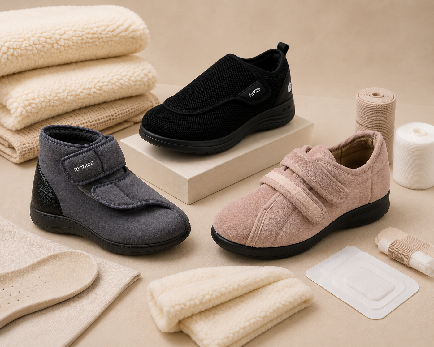 A collection of wellness and hygiene items including three pairs of slippers, folded soft towels, elastic bandages, and various ointments or creams on a beige surface.