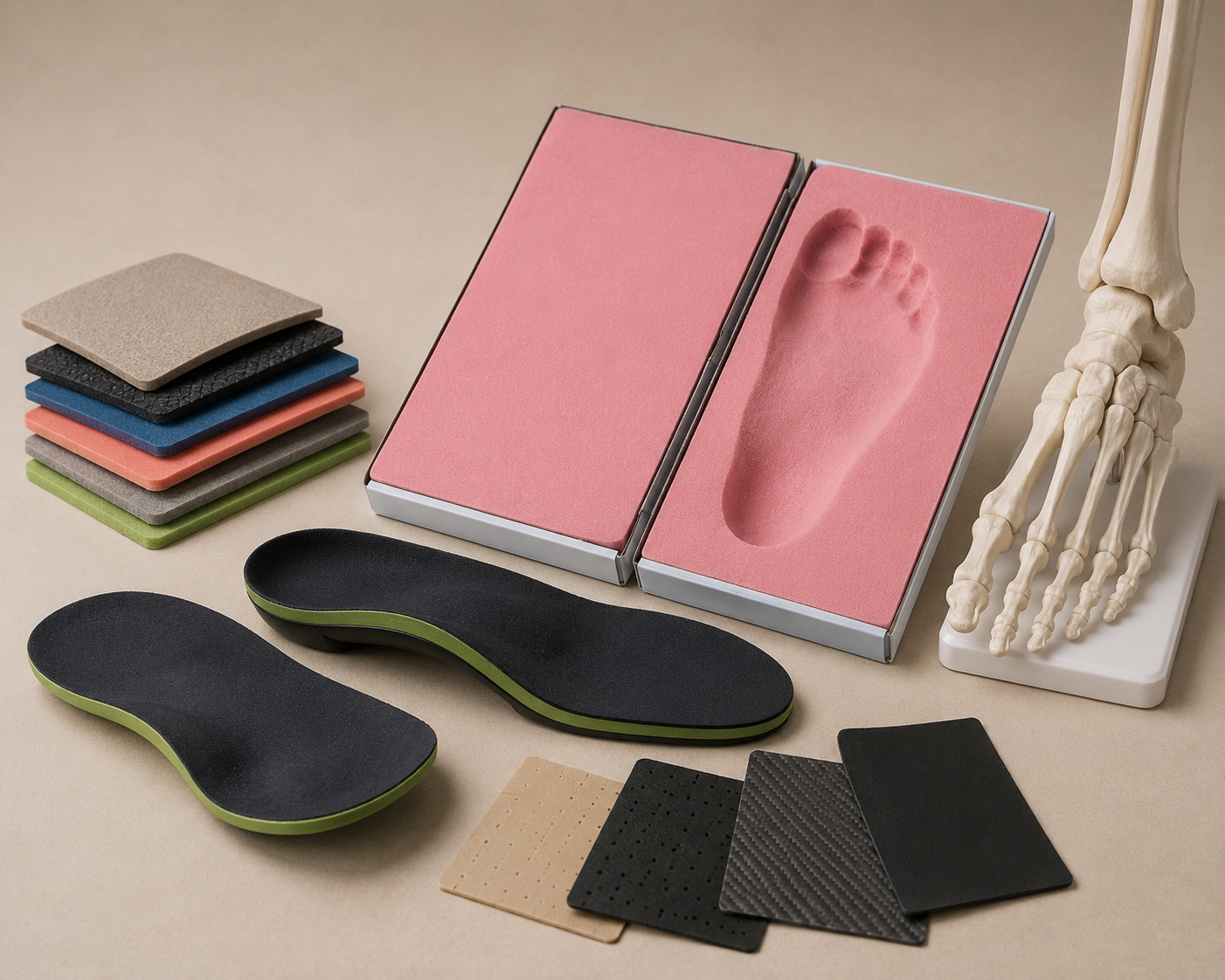 Footwear insoles, foam samples, a skeletal foot model, and shoe sole materials arranged on a beige background.